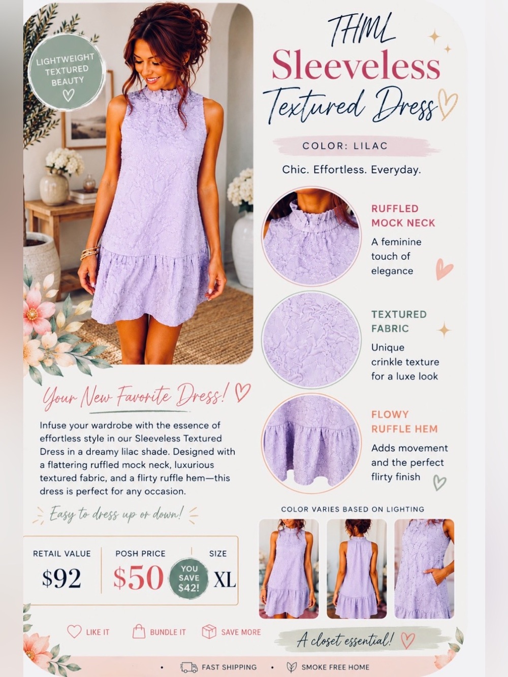 THML Lilac Sleeveless Ruffled Mock Neck Dress